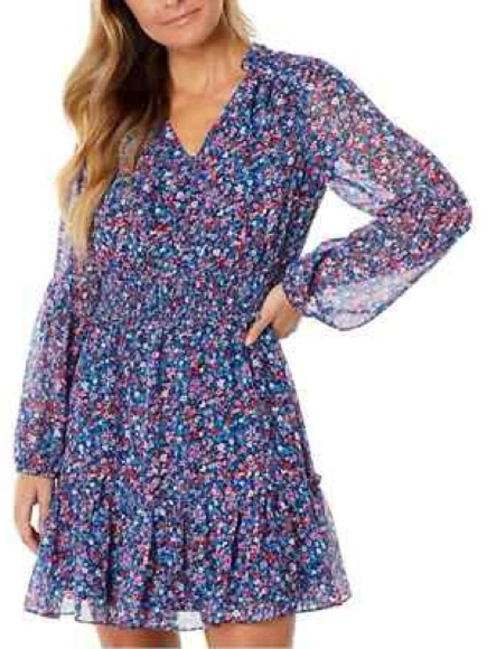 Draper James Navy Floral Long Sleeve Dress with Pink & Blue Flowers